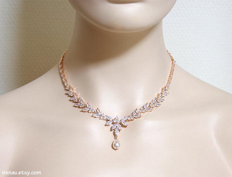 Rose gold bridal jewelry set, Wedding necklace and earrings set, CZ Crystal pearl bridal set, Y necklace and dangle earrings Wedding jewelry image 3