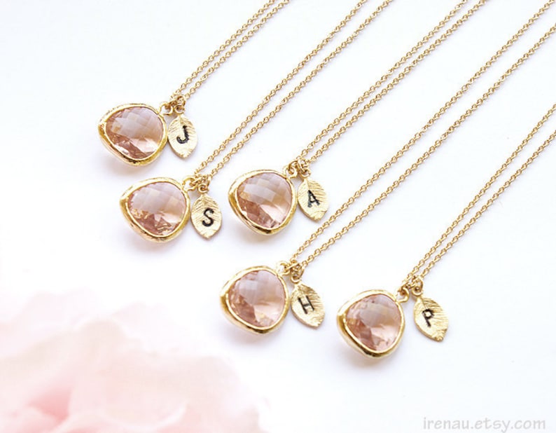 Bridesmaid gifts Set of 5 4 3 6 7 8 9 10 Personalized bridesmaid necklace Leaf initial, Gold Champagne necklace, Monogram peach pendant image 1