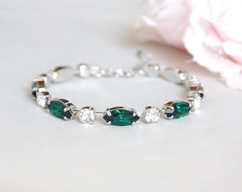 Emerald bridal bracelet, Emerald crystal wedding bracelet, Green marquise crystal tennis bracelet in rose gold, silver, Emerald jewelry