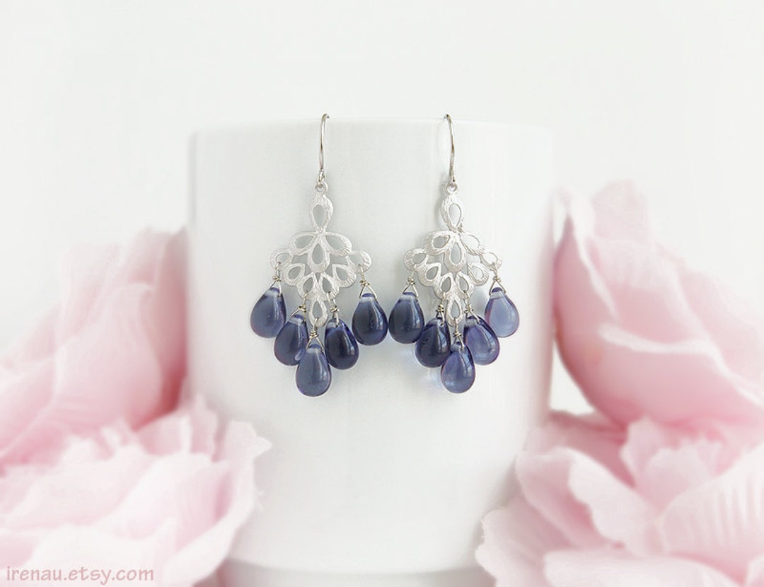 Dark Blue Glass Drop Earrings Silver Chandelier Earrings, Montana Navy ...