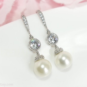 Bridal pearl earrings, Wedding dangle drop earrings, CZ crystal earrings with Swarovski white peals, Silver bridal jewelry Cubic Zirconia image 4
