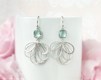 Aqua blue feather earrings modern Silver earrings dangle Ribbon filigree floral earring Pretty glass earring Chandelier Gift for Girlfriend