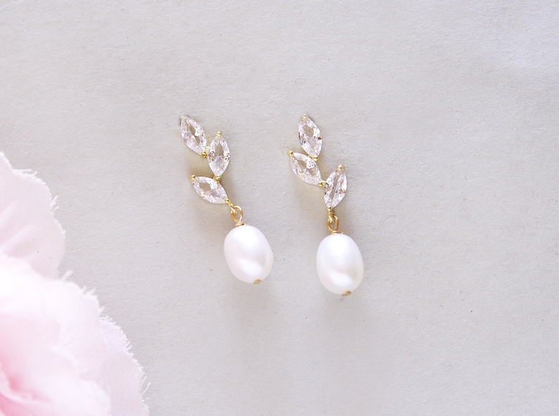 Bridal pearl earrings, Rose gold drop earrings, Crystal earrings, Wedding pearl earrings, Freshwater pearl drop earrings, Real pearl earring zdjęcie 5