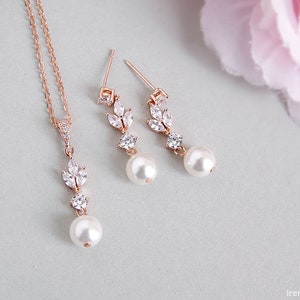 Brudsmyckeset, Swarovski pärlörhängen och halsbandset, Bröllopssmycken i roséguld, Kristallhängande örhängen i Swarovski pärla bild 2
