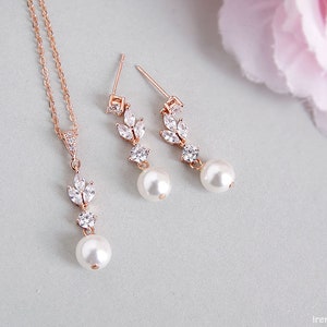 Bridal jewelry set, Swarovski pearl earrings and necklace set, Rose gold wedding jewelry, Crystal dangle post Swarovski pearl earrings image 2