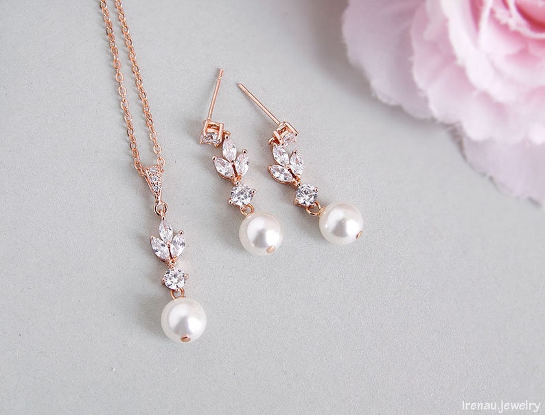 Brudsmyckeset, Swarovski pärlörhängen och halsbandset, Bröllopssmycken i roséguld, Kristallhängande örhängen i Swarovski pärla bild 2