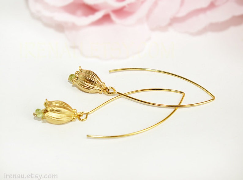 Lily of the Valley earrings, Peridot green gold long dangle earrings, Lily of The Valley Flower, Modern everyday earrings natural gemstone image 2