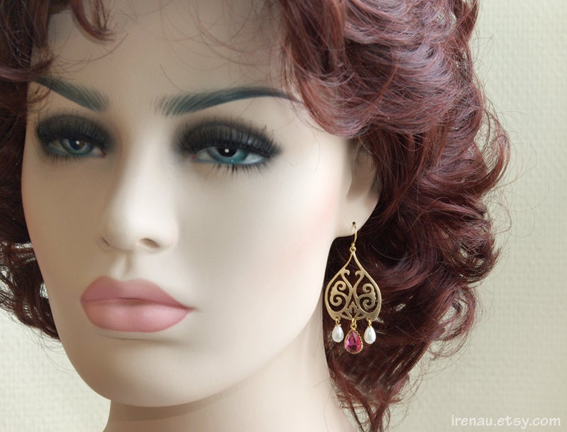 Fuchsia Gold Chandelier Earrings White Pearl Filigree Large Etsy