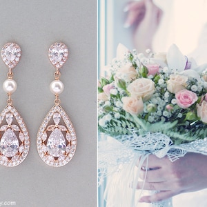 Rose gold bridal earrings, Crystal wedding earrings, Zirconia bridal jewelry, Long CZ teardrops pearl wedding earrings, Chandelier earrings
