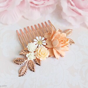 Rose gold hair comb, Bridal hair piece, Blush wedding comb, Ivory cream white soft pink flower bridal comb, Rose gold floral filigree comb image 4