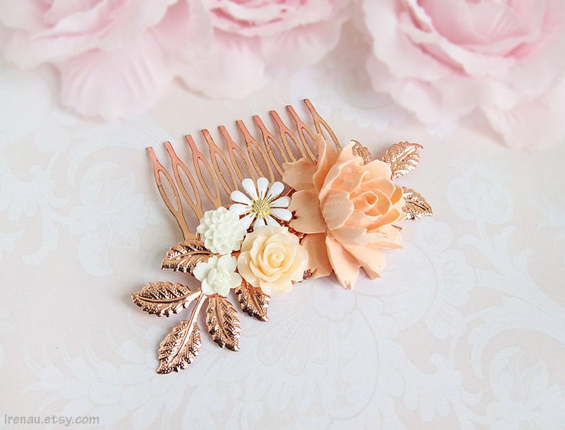 Rose gold hair comb, Bridal hair piece, Blush wedding comb, Ivory cream white soft pink flower bridal comb, Rose gold floral filigree comb image 4