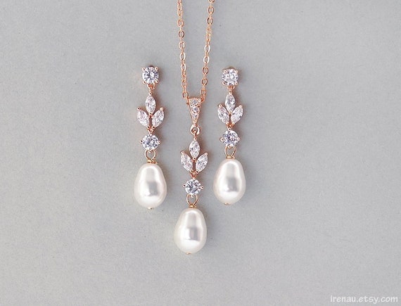 Bridal pearl jewelry set, Rose gold wedding earrings and necklace set, Crystal dangle post Swarovski teadrop pearl earrings