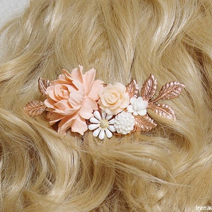 Rose gold hair comb, Bridal hair piece, Blush wedding comb, Ivory cream white soft pink flower bridal comb, Rose gold floral filigree comb image 6