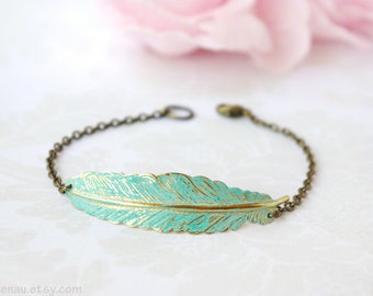 Feather Bracelet, Brass Feather Bracelet Adjustable, Patina Verdigris Blue Feather Gold Bracelet Vintage Style, Bohemian Boho Chic Jewelry