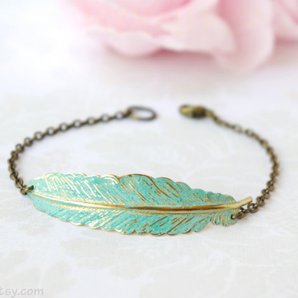 Feather Bracelet, Brass Feather Bracelet Adjustable, Patina Verdigris Blue Feather Gold Bracelet Vintage Style, Bohemian Boho Chic Jewelry