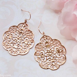 Rose gold earrings, Filigree modern earrings big lace, Large dangle earrings pink gold, Spanish style boho earrings Bridesmaid gift for her image 3