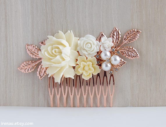 Rose Gold Hair Comb, Bridal Pearl Comb, Ivory Cream White  display picture 3