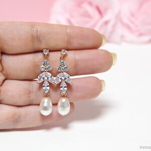 Rose gold bridal jewelry set, Wedding necklace and earrings set, CZ Crystal pearl bridal set, Y necklace and dangle earrings Wedding jewelry image 4
