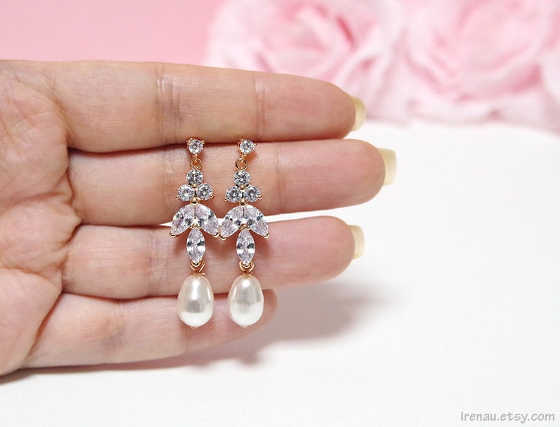 Rose gold bridal jewelry set, Wedding necklace and earrings set, CZ Crystal pearl bridal set, Y necklace and dangle earrings Wedding jewelry image 4