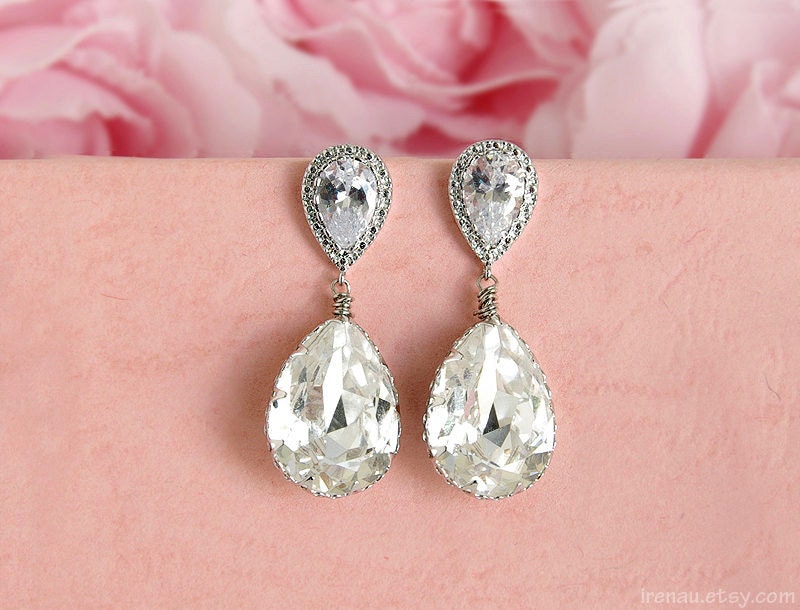 Crystal Bridal Earrings Pearl Wedding Jewelry Swarovski CZ