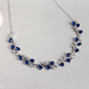 Blauwe bruiloft ketting, saffier blauwe bruid ketting, marineblauwe kristallen bruiloft sieraden Zilveren bruidsblad wijnstok ketting Cubic Zirconia blauw afbeelding 4