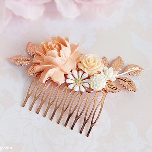 Rose gold hair comb, Bridal hair piece, Blush wedding comb, Ivory cream white soft pink flower bridal comb, Rose gold floral filigree comb image 2