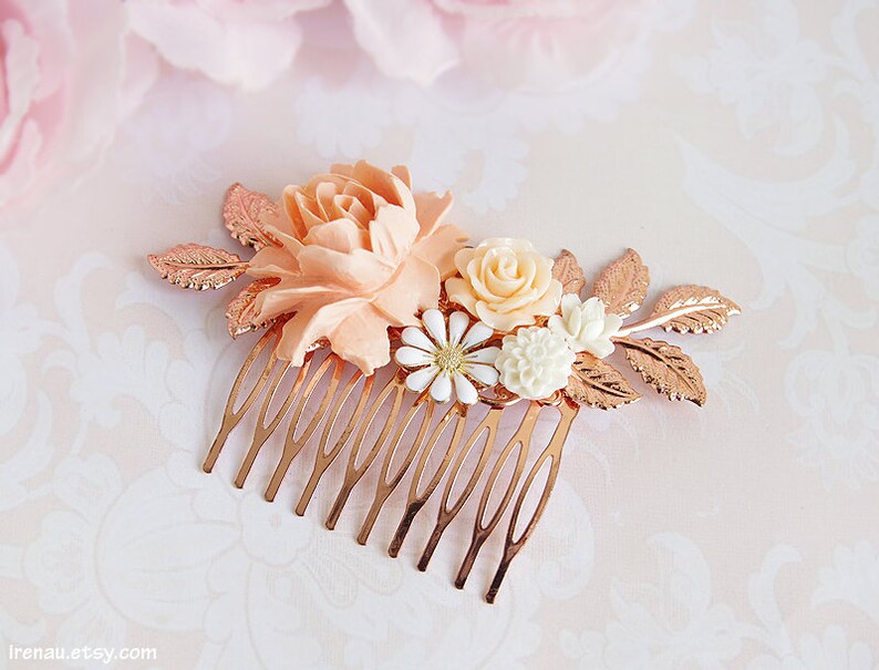Rose gold hair comb, Bridal hair piece, Blush wedding comb, Ivory cream white soft pink flower bridal comb, Rose gold floral filigree comb image 2