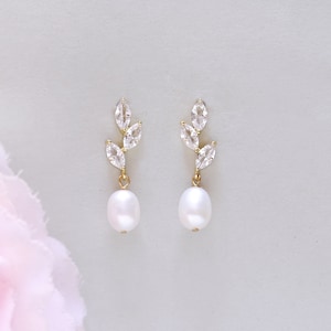 Bridal pearl earrings, Rose gold drop earrings, Crystal earrings, Wedding pearl earrings, Freshwater pearl drop earrings, Real pearl earring zdjęcie 2