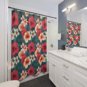 Hawaii Hibiscus Shower Curtains - Hawaiian Vibes Home Accessories, Palm Tree Bath Curtain, Polynesian Island Theme, Tropical Hawaii