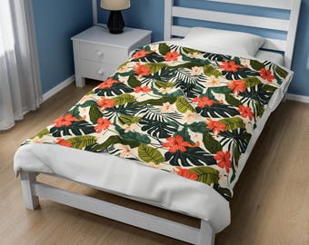 Manta de terciopelo tropical, diseño polinesio de isla hawaiana, acogedora manta, decoración de casa de playa, decoración de dormitorio de verano.