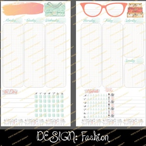 May include: A printable weekly planner with a fashion theme. The planner has sections for Monday through Sunday, a to-do list, and a hydration tracker. The planner is decorated with a handbag, glasses, and suitcases.