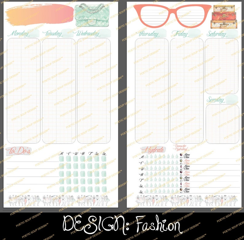 May include: A printable weekly planner with a fashion theme. The planner has sections for Monday through Sunday, a to-do list, and a hydration tracker. The planner is decorated with a handbag, glasses, and suitcases.