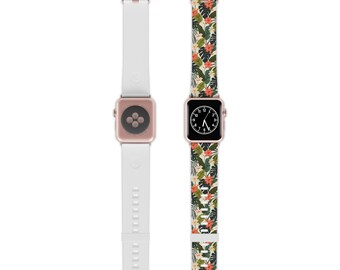 May include: Two Apple Watch bands, one white and one with a tropical floral print. Both bands have rose gold accents.