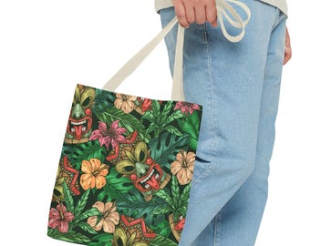 Bolsa de mano tropical hawaiana Tiki, bolsa de playa, bolsa de mano de verano, bolsa de mano floral, bolsa de vacaciones, bolsa de compras reutilizable, bolsa de mano ecológica