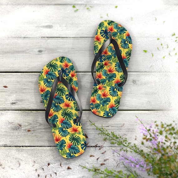 Yellow Monstera Hawaiian Slippers, Slippahs, Tropical Sandals, Hawaiian Beach Flips, Vacation Footwear, Pool Shoes, Resort Wear Slippers