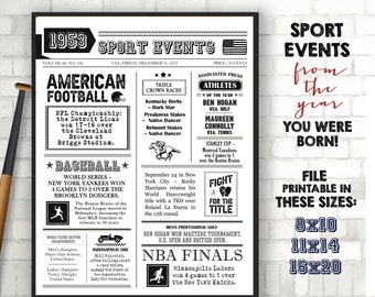 Zurück in 1953 Sport Fakten SportGeschichte - Sport Events 1953 Schild - 69. Geburtstagsschild für Sportfans - vor 69 Jahren - SOFORTIGER DOWNLOAD