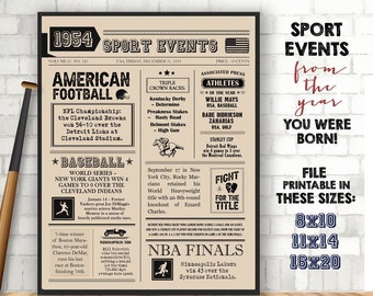 Zurück in 1954 Sport Fakten SportGeschichte - Sport Events 1954 Schild - 68. Geburtstagsschild für Sportfans - vor 68 Jahren - SOFORTIGER DOWNLOAD
