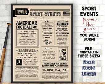 Back in 1936 sport facts Sport History - sport events 1936 sign - 86th birthday sign for sport fans - 86 years ago - INSTANT DOWNLOAD