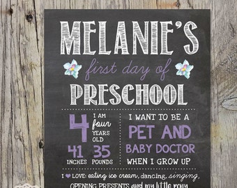 Girls first day of preschool sign - personalized preschool photo prop - pink Chalkboard Sign - DIGITAL FILE!