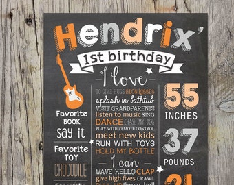 1st Birthday Chalkboard sign Guitars and Music theme - First Birthday photo prop posters - Orange Gray White - DIGITAL FILE!