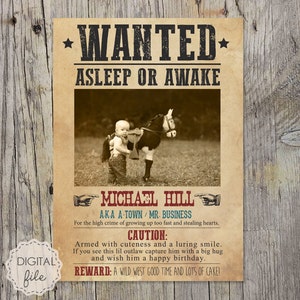 Cartel buscado - Tema del Salvaje Oeste - Cartel de invitación de cumpleaños imprimible personalizado - Signo de cumpleaños tema vaquero - ARCHIVO DIGITAL!