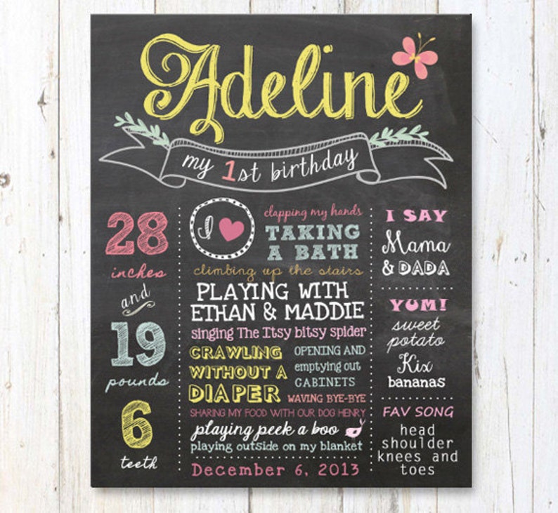 Any age Custom Birthday Chalkboard sign Gold Rustic Baby Girl First Birthday Chalkboard Poster DIGITAL FILE image 1