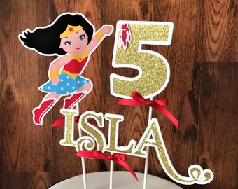 Personalized Superhero Woman Cake Topper: Glitter Birthday Party Decor