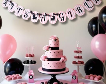 Banner para baby shower de París: Decoración de la Torre Eiffel en rosa y negro