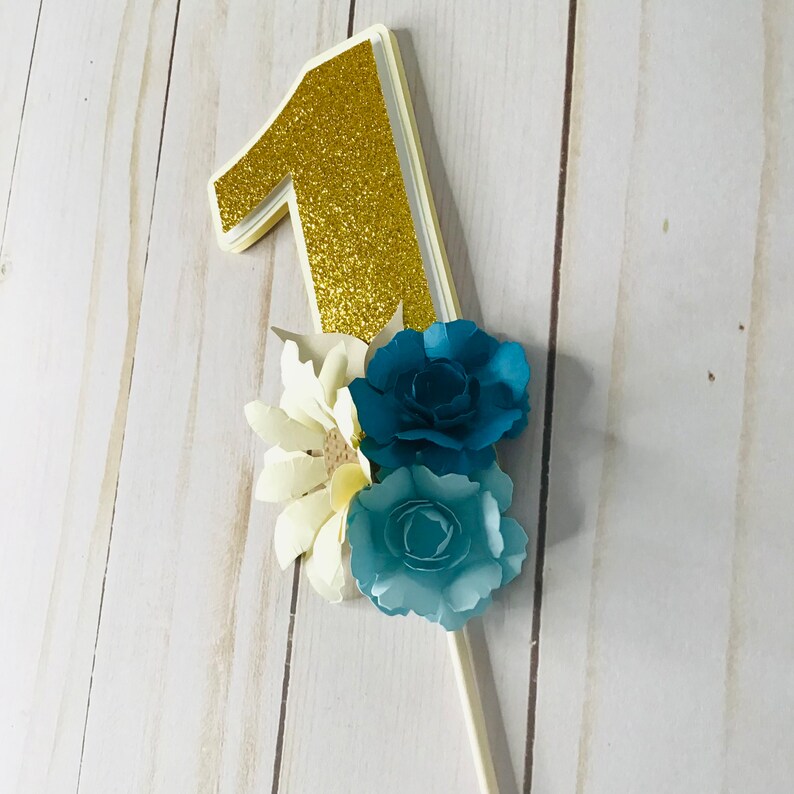 Floral Number 1 Cake Topper: Gold Glitter, Blue Flowers - Etsy