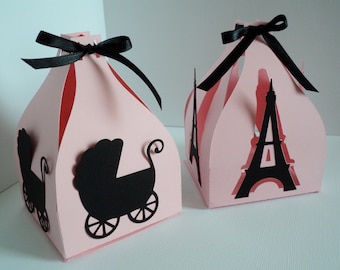 Paris Babyparty Geschenkschachteln: Rosa Eiffelturm & Kutsche, 10er Set