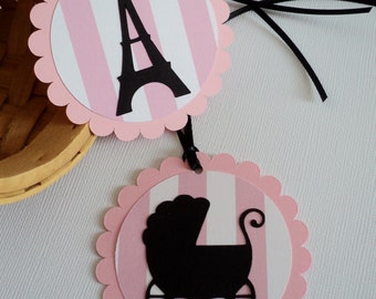 Baby Shower de París Etiquetas: Torre Eiffel y portabebés, decoraciones rosas (12 unidades)