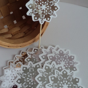 Winter Wonderland Cupcake Toppers, Frozen Inspired Decoration 10 Ct ,  White Winter Party, Snowflake Cupcake Toppers.