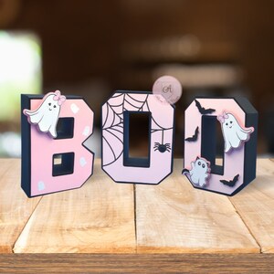 Letrero BOO rosa y negro: letras de Halloween en 3D con fantasmas y murciélagos: decoración de fiesta para niños.