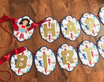 Superhero Woman Birthday Banner: Glitter Paper Party Decor